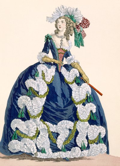 Robe de cour royale élaborée en bleu marine avec un design de volants luxuriants blancs, gravée par Dupin, planche n°277 de 